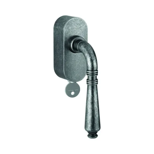 Ginevra - Klamka okienna z mosiądzu, wersja z kluczem, SKG3, kolor stare srebro