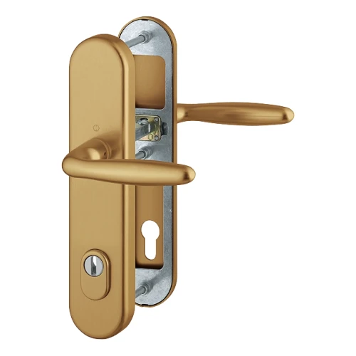 Komplet klamek Verona do drzwi zewnętrznych z ochroną wkładki, kolor starego złota F4